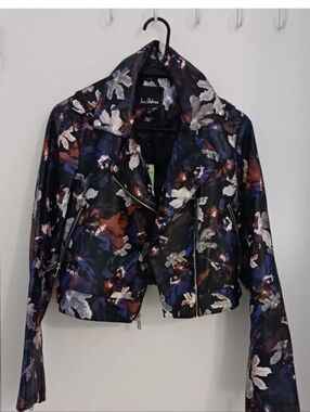 Sam Edelman Black Floral Leather Moto Jacket with Blue & Brown Accents